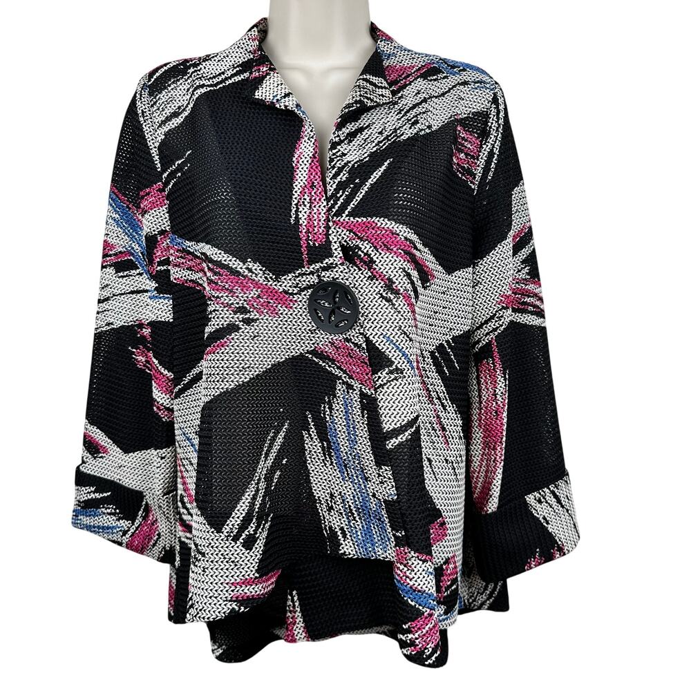 IC by Connie K Swing Jacket Abstract 3/4 Cuff Sleeve Asymmetrical Black M Artsy